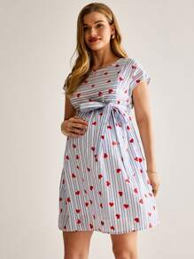 MaterniWear 孕妇圆领短袖全身印花休闲迷你连衣裙 - 藍白色 - 查看 6