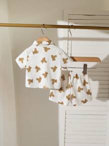 SHEIN 2 件套，新款宝宝春夏休闲风格，小熊图案印花上衣和小熊图案印花短裤 - 白色 - 查看 5