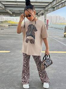 Niña preadolescente moda casual camiseta de cuello redondo manga corta con pantalones acampanados de estampado de leopardo