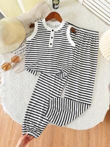 青少年女孩休闲条纹无袖 T 恤和松紧腰条纹直筒裤夏季两件套，舒适