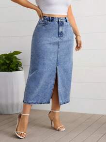 SHEIN Essnce Rok Mini Denim Kasual Ukuran Plus dengan Kancing Depan dan Saku, Belahan Samping - Biru - View 5