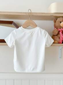 SHEIN 女童斋月新月和星星印花休闲短袖圆领上衣，夏季 - 白色 - 查看 2