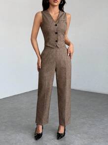 EMERY ROSE Casual Sleeveless Open Front Vest And Relaxed Pants Set In Fall/Winter - Brown - View 4