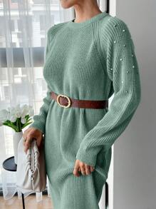 SHEIN Cottnline Round Neck Raglan Sleeve Maxi Sweater Dress With Beading - Mint Green - View 2