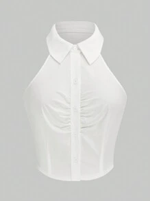 Flirla 无袖褶皱前收腰短款衬衫，简约百搭时尚女式上衣 - 白色 - 查看 1