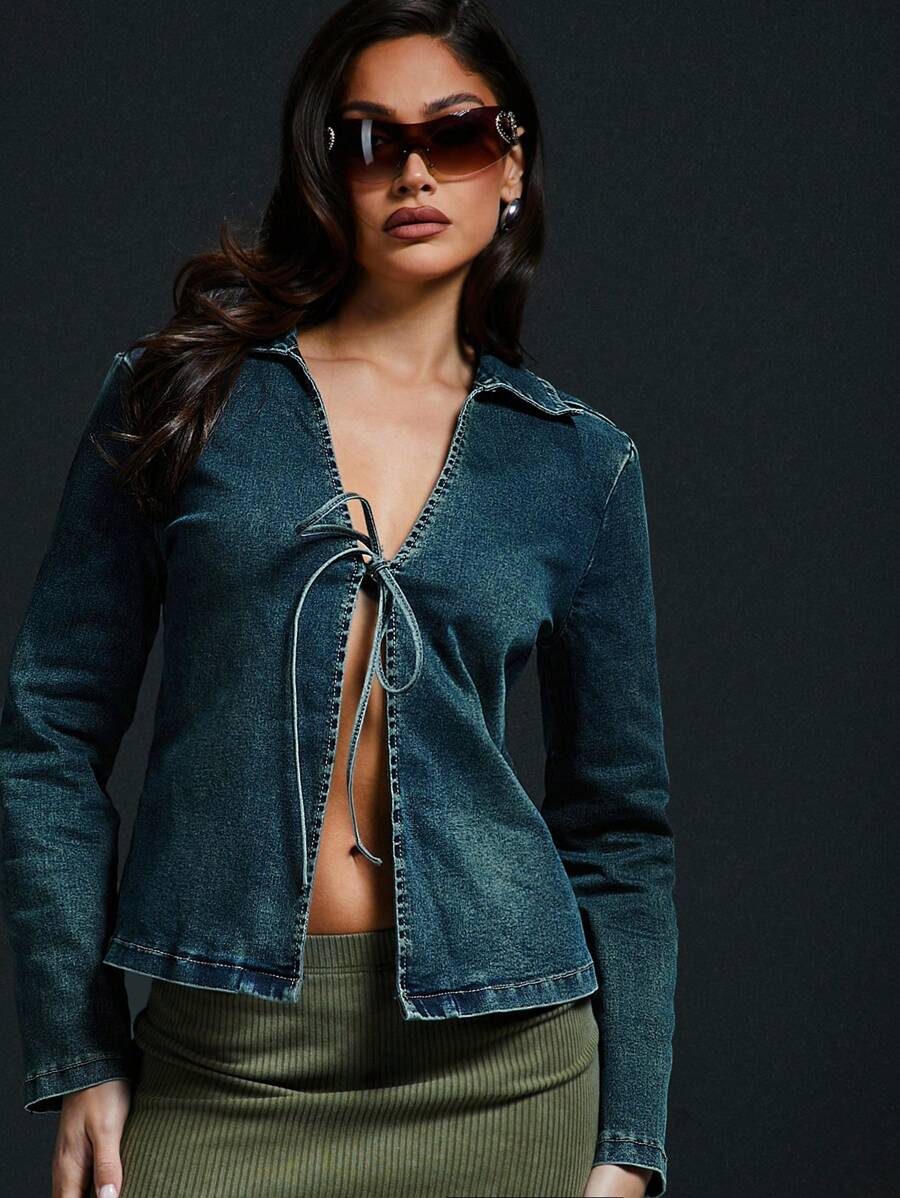 Denimoi Tie Front Washed Denim Top Simple Fashionable Daily Casual - Dark Wash - View 1