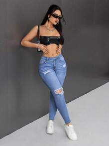 SHEIN PETITE Women's Front Button Pocket Distressed Casual Jeans - Medium Wash - View 3