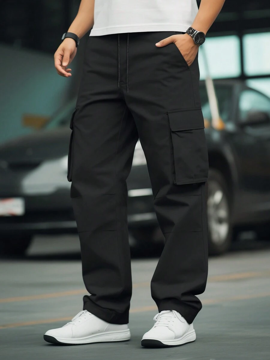 Manfinity EMRG 男士纯色前系带口袋休闲长裤，适合日常穿着