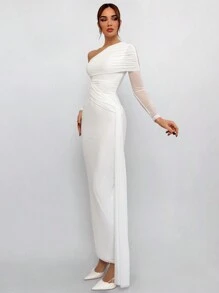 Aloruh 女士优雅长袖裹身褶皱紧身连衣裙，采用不对称领口设计，正式场合连衣裙 - 白色 - 查看 4