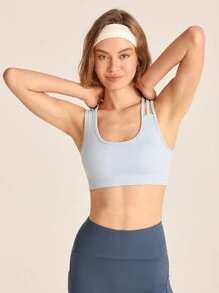 SHEIN Sports 女士纯色交叉简约运动胸罩，休闲时尚，适合日常穿着 - 灰色 - 查看 1