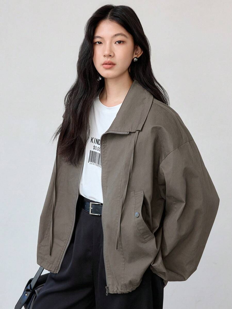 Dazy-Less Loose Fit Cargo Style Women Jacket With Large Pockets Old Money Style,Fall Clothes,Back To School Clothes Business Casual Woman Work Clothes - Grey - View 1