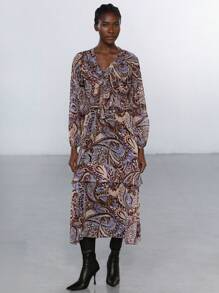 Aveloria Modichic 波西米亚风格 V 领复古印花分层雪纺连衣裙，配腰带，荷叶边下摆，长袖，中长款，女士春季连衣裙