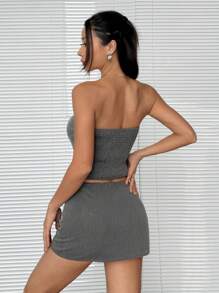 SHEIN EZwear Women's Casual Strapless Top And Skirt Suit - Grey - View 2