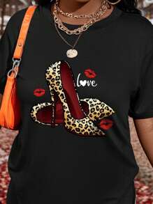 SHEIN LUNE Valentine's Day Leopard Print Heart Graphic High Heel Plus Size Short Sleeve T-Shirt