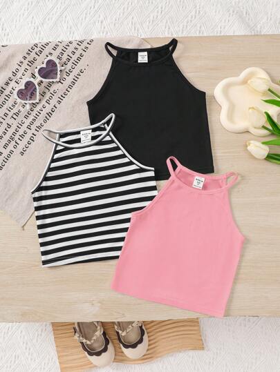 3 件套少女纯色针织无袖背心和条纹针织无袖背心套装