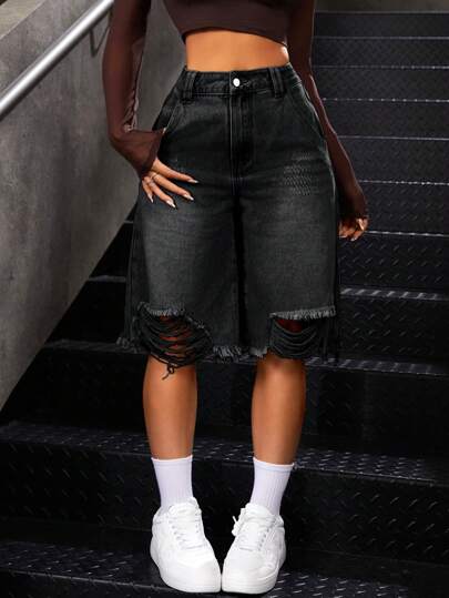 SHEIN ICON 女士休闲做旧洗水牛仔短裤