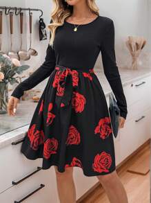 EMERY ROSE 女士情人节玫瑰印花拼布中长连衣裙 - 彩色 - 查看 5