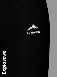 SHEIN Áo khoác trùm đầu chống thấm nước in chữ và núi cho bé gái tuổi mới lớn và quần thường ngày 2 món - trái cam - Xem 8