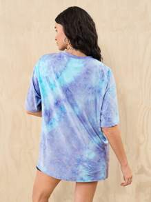 Muchica Tie Dye Patched Detail Drop Shoulder Tee - Blue and White - View 2