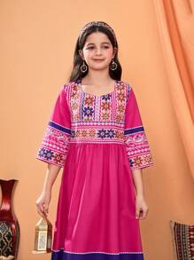 Tween Girl Casual Elegant Rose Red Floral Print Dress, Suitable For Outings, Gatherings - Hot Pink - View 5