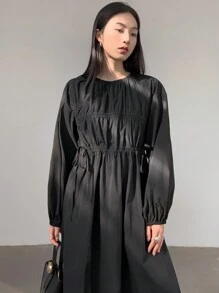 Dazy-Less Loose Casual Drawstring Tie Waist Mid-Length Dress For Women,Ruffle,Fall Dress Business Casual Woman Work Clothes Long Sleeve Dress