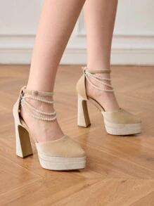 CUCCOO HITCHD Women's Luxury Pearly Chain Decor Square Toe Chunky Heel High Platform Elegant Suede Dress Shoes, Champagne Color, Fashion High Heels For Wedding Party, Prom, Evening