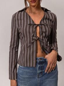 Forever 21 女士休闲通勤条纹系带长袖上衣 - 彩色 - 查看 7