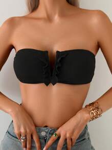 Swim Mod 夏季女式黑色针织罗纹面料性感 V 领花卉边比基尼上衣，适合海滩和度假