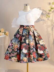 SHEIN Leap Crew Tween Girl Attached Round Neck Ruffle Hem Cute Top And A-Line Skirt 2 Pieces Set - White - View 2