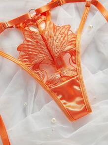 Conjunto de 4 piezas de lencería sexy con bordado romántico y detalles calados en la parte delantera