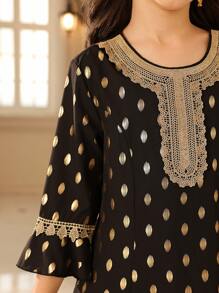 Tween Girl Round Neck Polka Dot Print Lace Patchwork Dress - Black - View 6