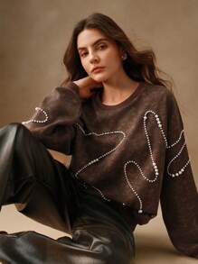 Anewsta 女士圆领装饰仿珍珠手洗套头卫衣秋季卫衣