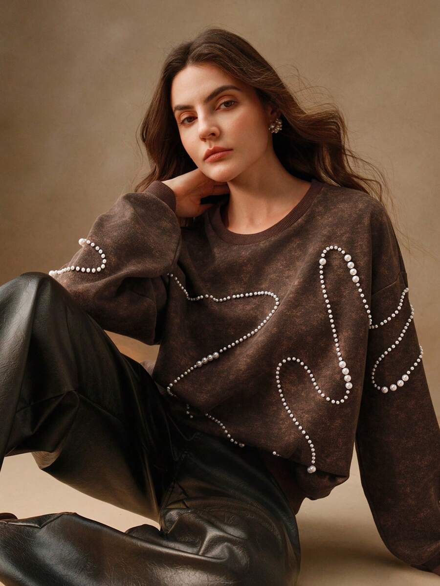 Anewsta 女士圆领装饰仿珍珠手洗套头卫衣秋季卫衣