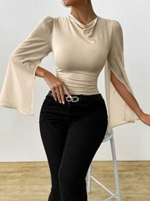 SHEIN LUNE Elegant Apricot V-Neck Draped Waist Ruffle Slit Cape Sleeve Women Top