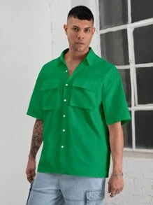 Manfinity Homme Oversized Men's Flap Pocket Drop Shoulder Shirt - Green - View 4