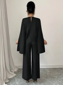 SHEIN Unity 2 件套女士优雅圆领开衩袖衬衫和基本款，秋冬 - 黑色 - 查看 6