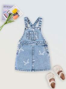 Denimly Vintage Cute Casual Urban Light Wash Bow Print Denim Pinafore Dress