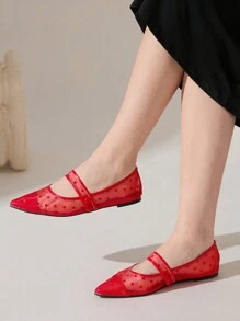 CUCCOO CHICEST Red Polka Dot Mesh Ladies Pointed Toe Flat Shoes Valentine's Day - Red - View 2