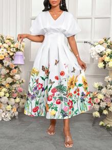 SHEIN Lady 女士优雅连衣裙 浪漫印花女士连衣裙 华丽连衣裙 - 白色 - 查看 3