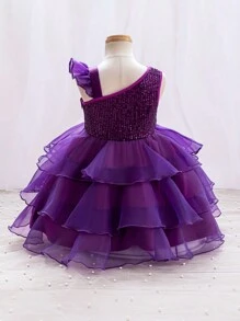 SHEIN Leap Crew 年轻女孩可爱婚礼花童不对称肩珍珠亮片和网眼薄纱紫色生日礼服 - 紫色 - 查看 2