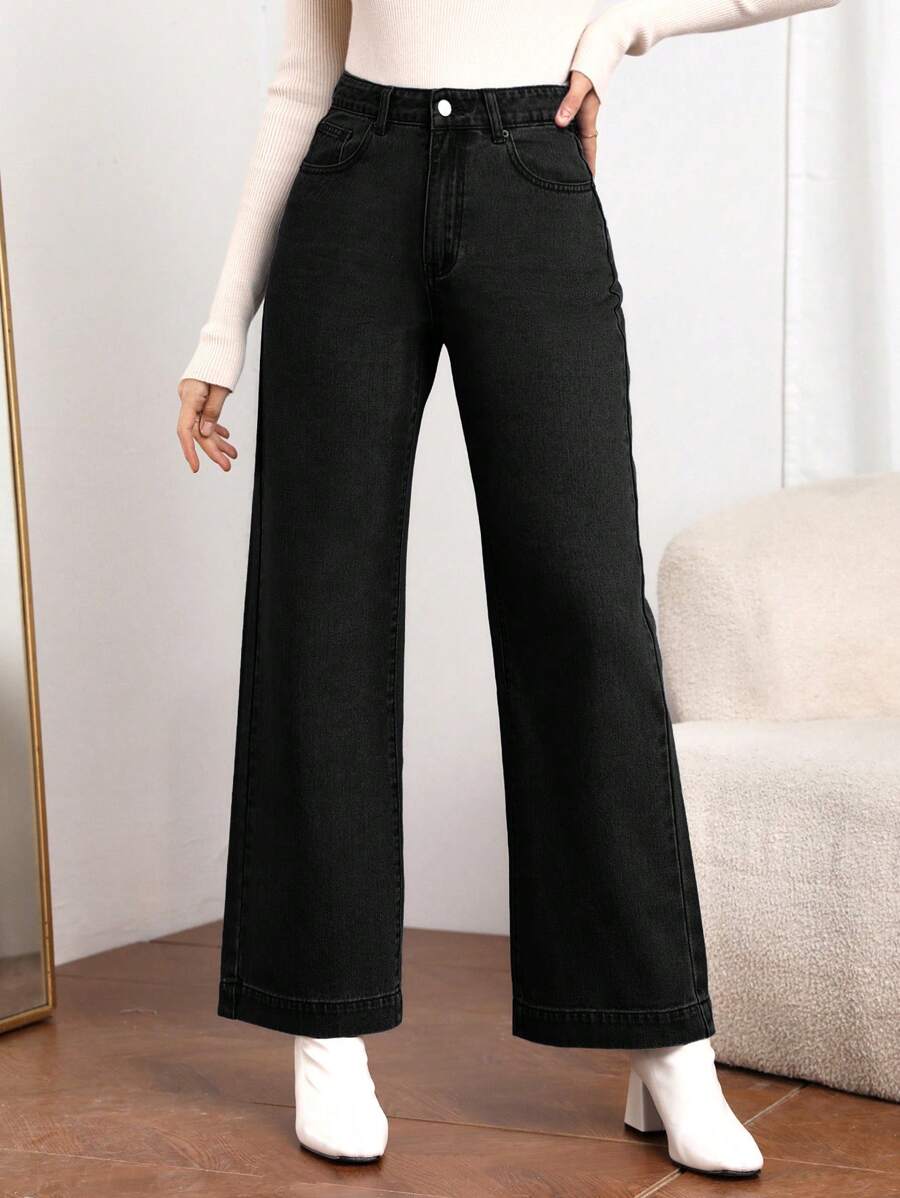EMERY ROSE Women's Casual Front Button Pocket Wide Leg Jeans - Black - View 1
