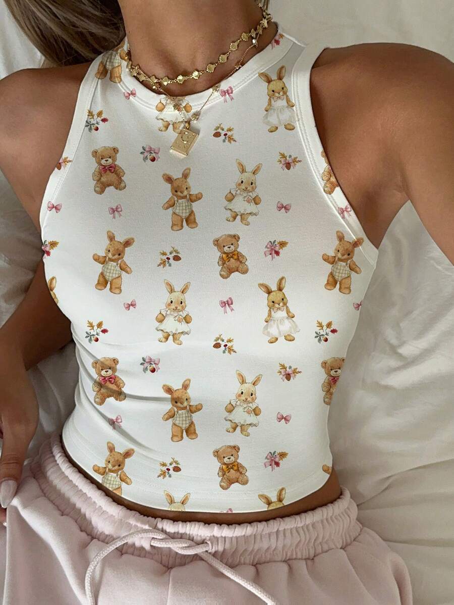 SHEIN EZwear 休闲简约、可爱、手绘、卡通、蝴蝶结、兔子、熊图案紧身圆领背心，适合夏季 - 白色 - 查看 1