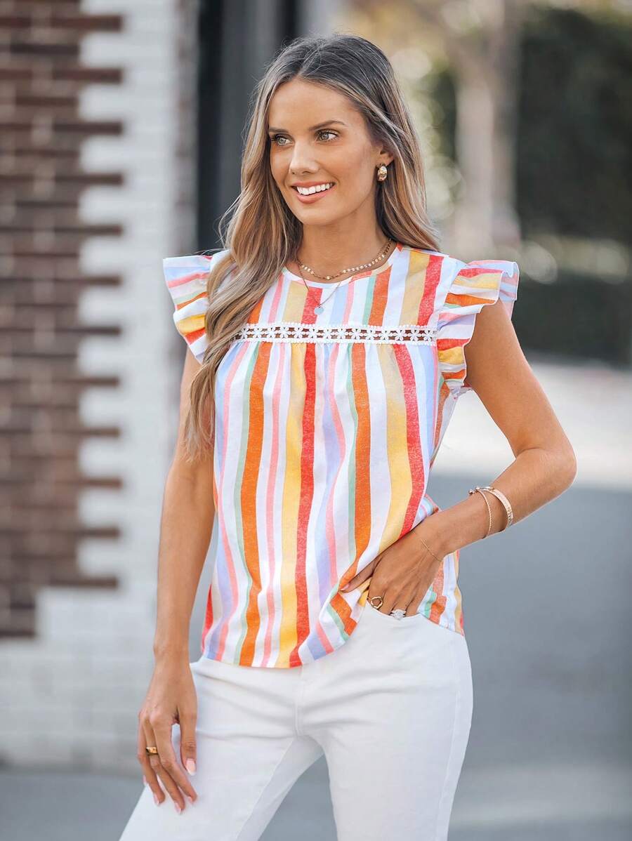 SHEIN LUNE Women's Colorful Stripe Lace Patchwork Round Neck Cap Sleeve Blouse