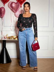 SHEIN Frenchy Plus Size Women Plunging Neck Lace Patchwork Cherry Print Semi-Sheer Bodysuit, Fashion Casual Valentine's Day Spring Summer