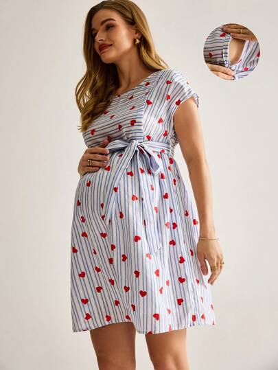 MaterniWear 孕妇圆领短袖全身印花休闲迷你连衣裙