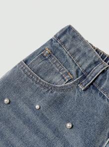 SHEIN Tienermeisjes Witte kralen Vintage Blauwe Losse Rechte Jeans