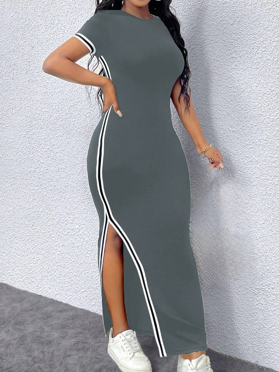 SHEIN LUNE Women's Slim Fit Round-Neck Color Block Trim Split Dress For Spring And Summer Maxi Women Outfit