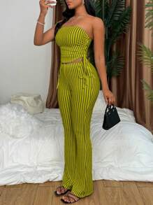 VaVaBold 2 件套女士性感条纹抹胸套装，简约时尚休闲日常穿着 - 綠色 - 查看 1