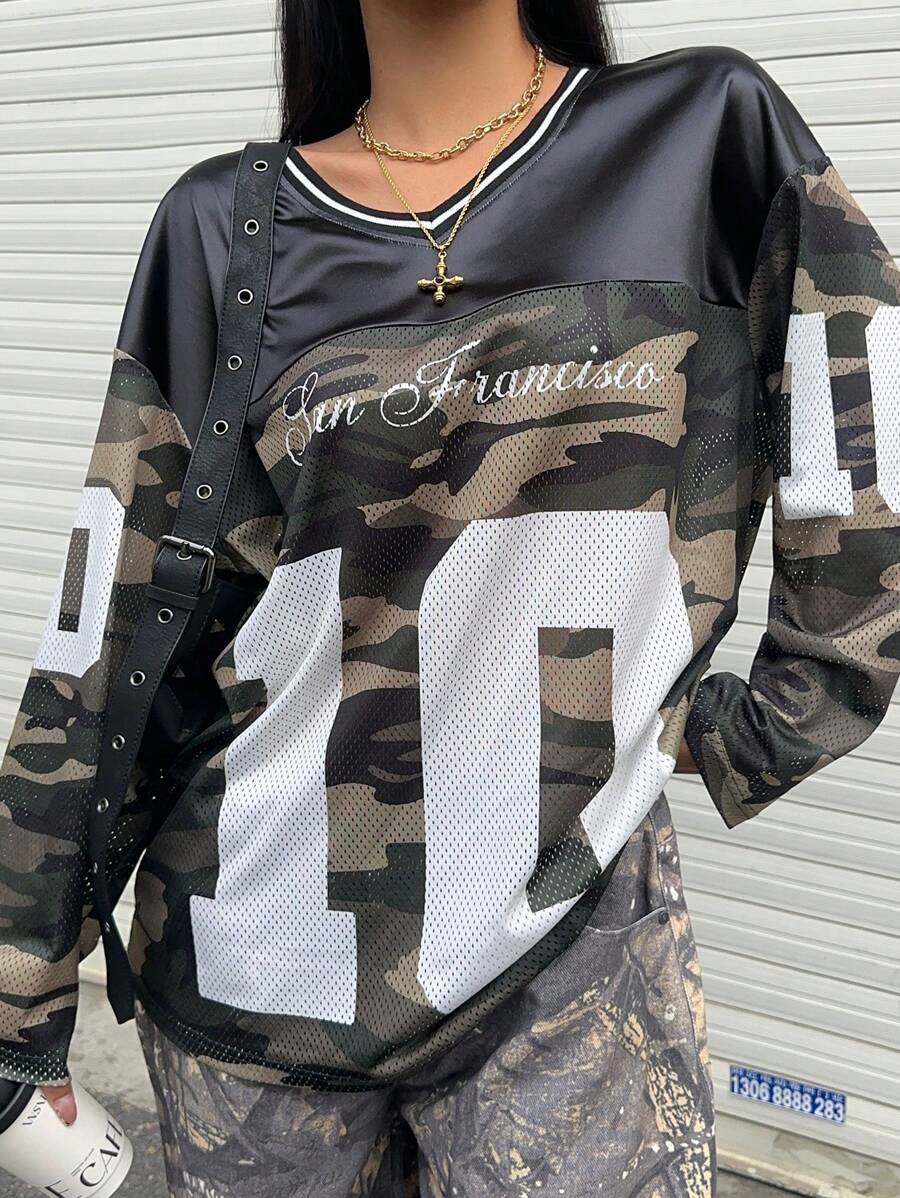 SHEIN EZwear Rave Outfits Festival  Women's Oversized V-Neck Camo Print Sweatshirt, Casual & Stylish For Everyday Wear