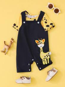 SHEIN 2pcs/Set Baby Boys Cute Cartoon Giraffe Embroidered Romper + Short Sleeve T-Shirt Set, Suitable For Outdoor Activities, Casual Wear, Birthday Photo Shoot, Spring/Summer